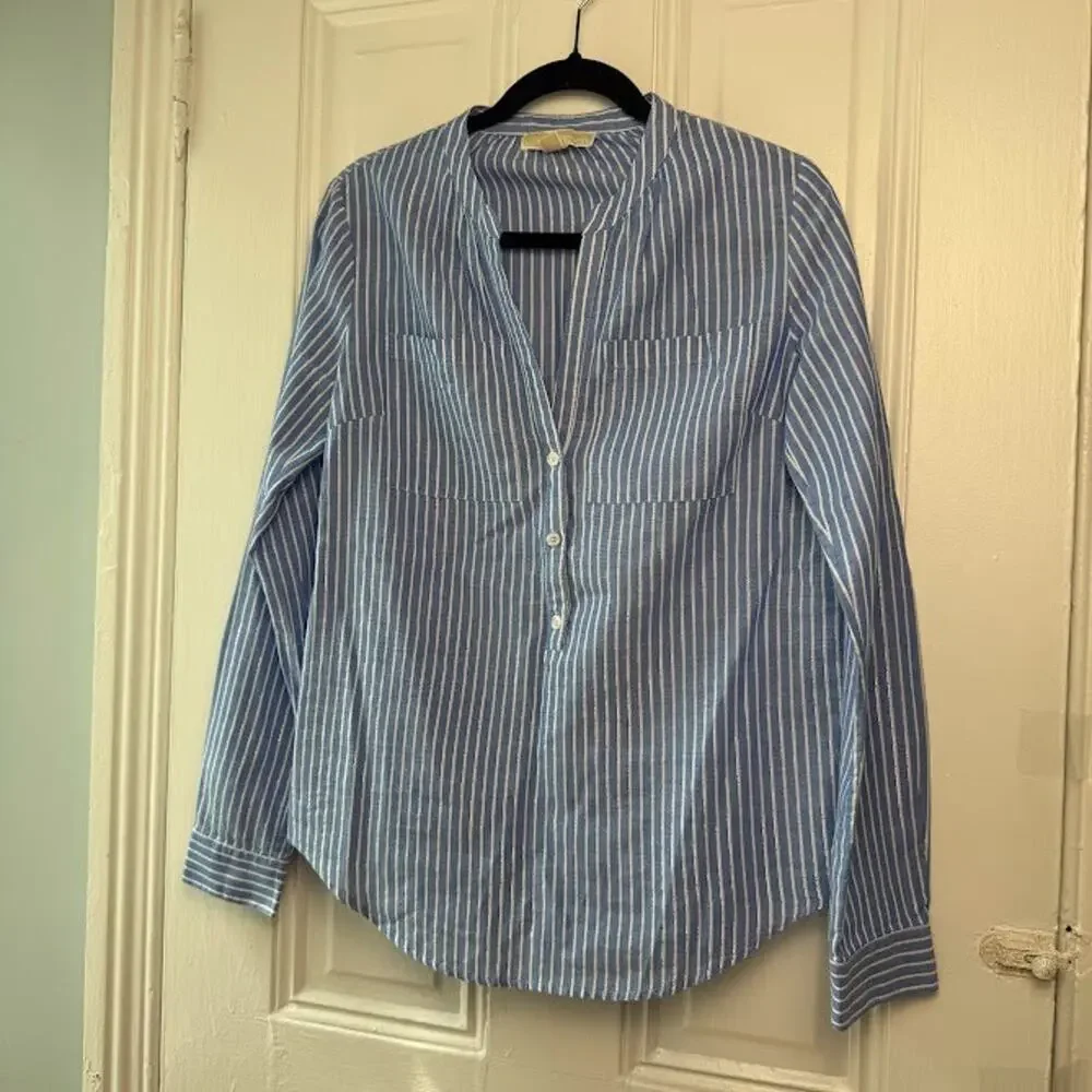 Michael Kors Shirt Womens Small Blue Silver Stripe Beach Coastal Mandarin Collar